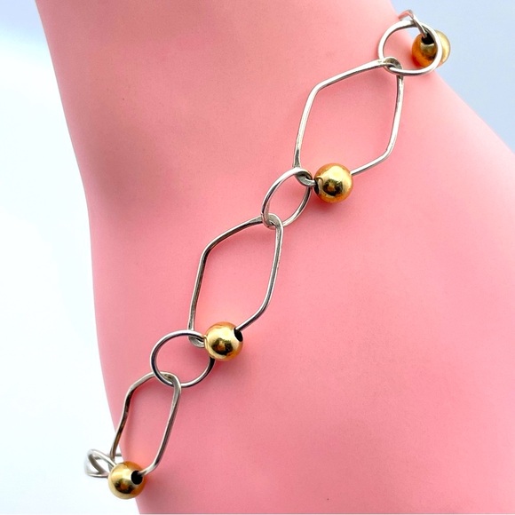 Sterling Silver 14K Gold Filled Diamond Link Bead Bracelet,Modern Artisan Design - Picture 1 of 5